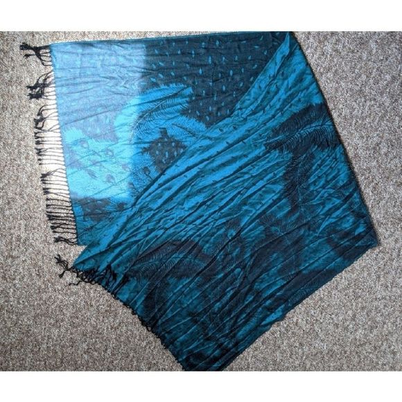 Turquoise Peacock Feather Print Blanket Scarf - Picture 1 of 5